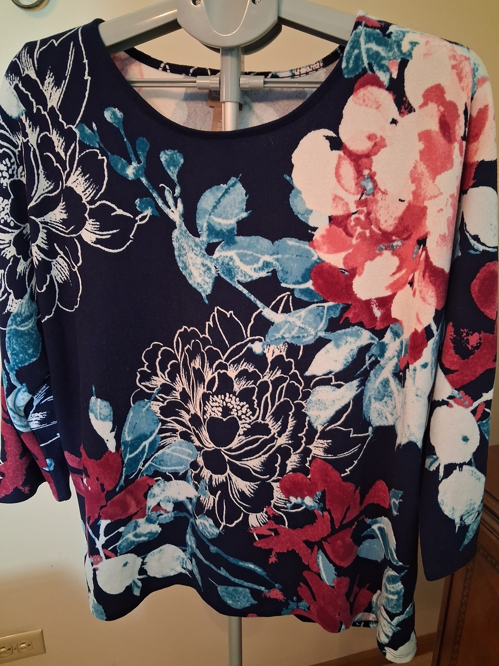 Chico's Navy Floral Long Sleeve Boatneck Sweater Top with Blue & Pink Blooms